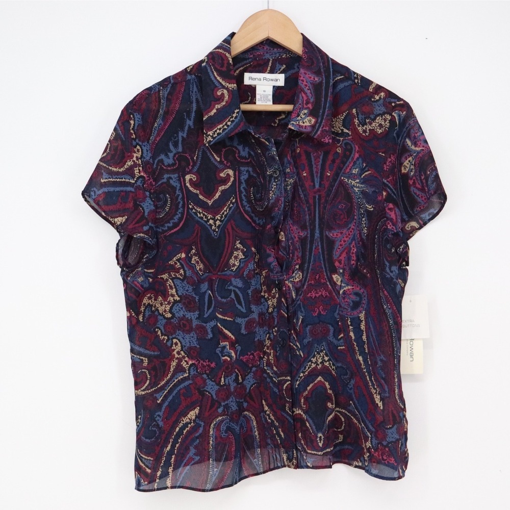 Rena Rowan Top Womens 16 Ink Mult Paisley Button-down NWT